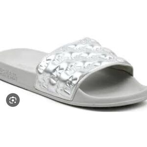 Michael Kors Women's Silver Metallic MK Logo Embossed Slip On Sandals Size 9